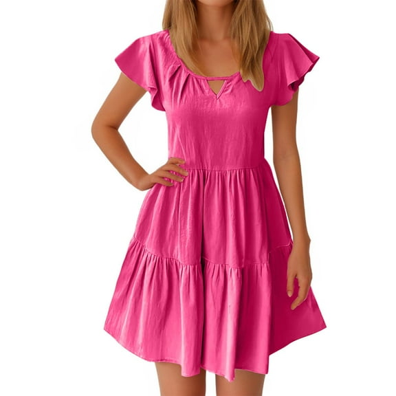 PuLe 【New】 Summer Short Sleeve Dress Summer Short Sleeve Dress for Women Cutout V Neck Stylish Dress Pleated Tiered Dress Women's High Waist Mini Dress