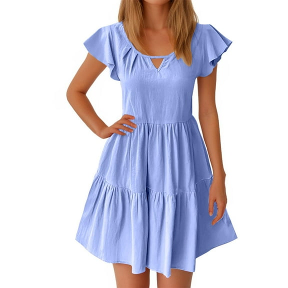 PuLe 【New】 Summer Short Sleeve Dress Summer Short Sleeve Dress for Women Cutout V Neck Stylish Dress Pleated Tiered Dress Women's High Waist Mini Dress