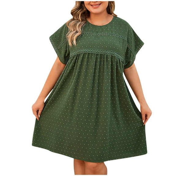 PuLe 【New】 Summer Short Sleeve Dress Women Plus Size Dresses Short Sleeve Round Neck Casual T-Shirt Swing Dress Trendy Polka Dots Print Pleated Mini Dress