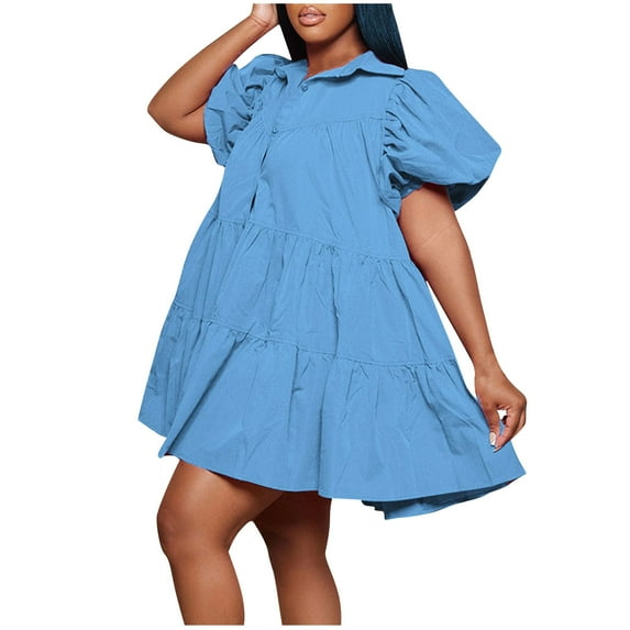 PuLe 【New】 Summer Short Sleeve Dress Women Summer Babydoll Dress Casual Puff Sleeve Pleated Ruffle Hem Button Down Shirt Mini Dresses
