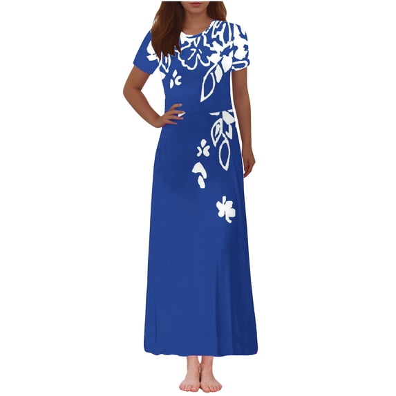 PuLe 【New】 Summer Short Sleeve Dress Women Summer Maxi Dress Casual Long Boho Beach Sundresses Casual Crewneck Short Sleeve Ankle Length Dress