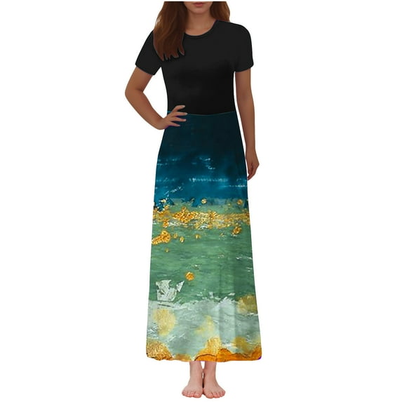 PuLe 【New】 Summer Short Sleeve Dress Women Summer Maxi Dress Casual Long Boho Beach Sundresses Casual Crewneck Short Sleeve Ankle Length Dress