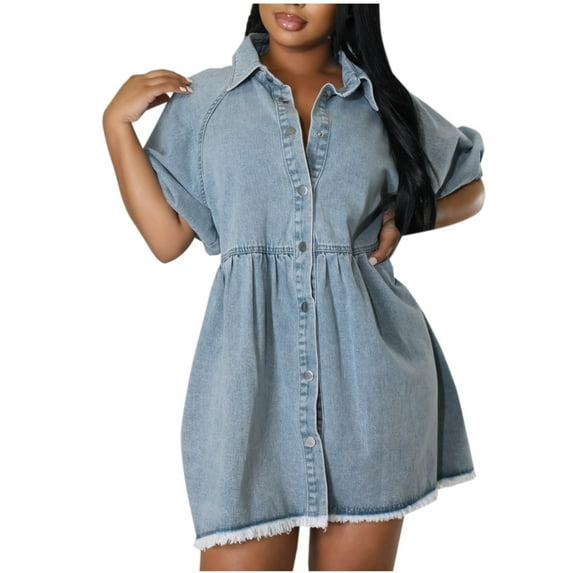 PuLe 【New】 Summer Short Sleeve Dress Women's Babydoll Dress Short Puff Sleeve Button Down Shirt Denim Dress