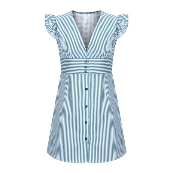 PuLe 【New】 Summer Short Sleeve Dress Women's Mini Dress V Neck Flutter Sleeve Striped Smocked Waist A Line Short Summer Cocktail Dress ﻿