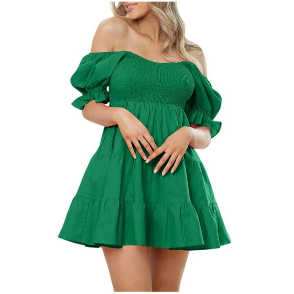 PuLe 【New】 Summer Short Sleeve Dress Women's Off The Shoulder Short Puff Sleeve Casual A Line Ruffle Summer Dresses