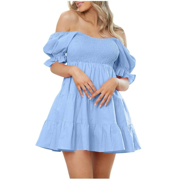 PuLe 【New】 Summer Short Sleeve Dress Women's Off The Shoulder Short Puff Sleeve Casual A Line Ruffle Summer Dresses