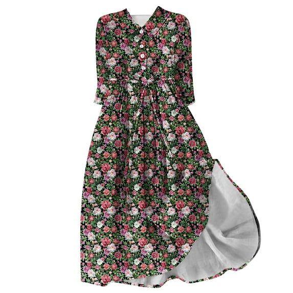 PuLe 【New】 Summer Short Sleeve Dress Women's Spring Summer Boho Floral Lapel Neck Button Casual A-Line Lace-Up Dress