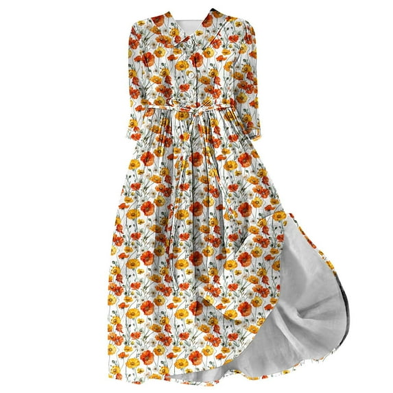 PuLe 【New】 Summer Short Sleeve Dress Women's Spring Summer Boho Floral Lapel Neck Button Casual A-Line Lace-Up Dress