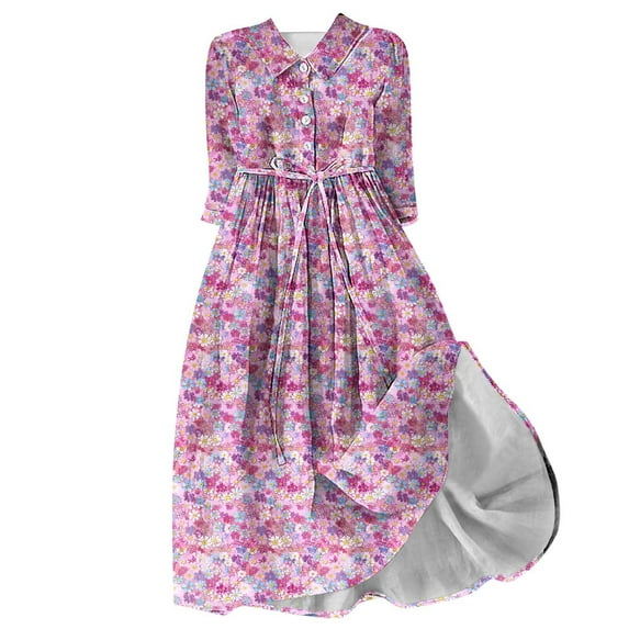 PuLe 【New】 Summer Short Sleeve Dress Women's Spring Summer Boho Floral Lapel Neck Button Casual A-Line Lace-Up Dress