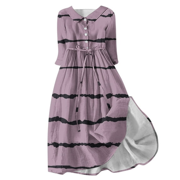 PuLe 【New】 Summer Short Sleeve Dress Women's Spring Summer Boho Floral Lapel Neck Button Casual A-Line Lace-Up Dress
