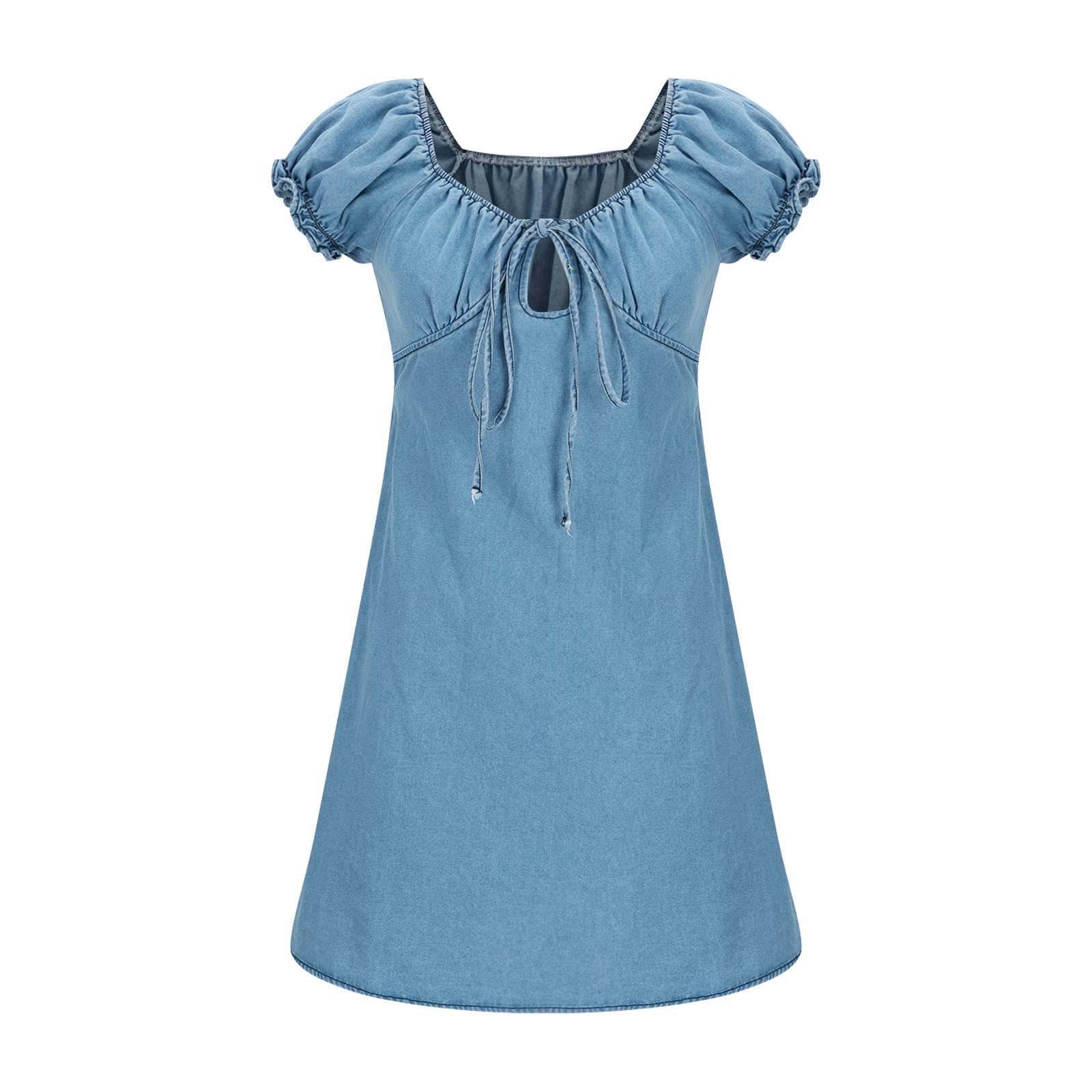PuLe New Summer Short Sleeve Dress Womens Puff Sleeve Denim Dress Tie  Front Square Neck Puffy Mini A Line Flare Casual Party Y2k Jean Dress -  Walmart.com