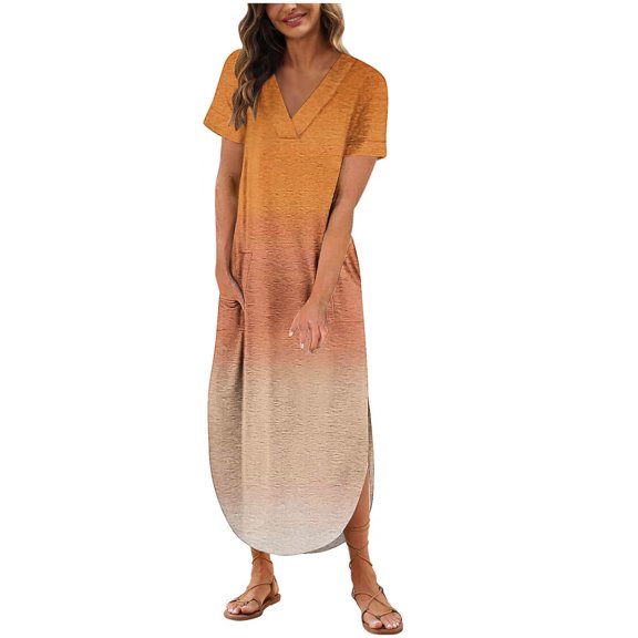 PuLe 【New】 Summer Short Sleeve Dress Womens Summer Dresses Casual Loose Short Sleeve V Neck T Shirt Dress Split Hem Beach Vacation Maxi Dress with Pockets