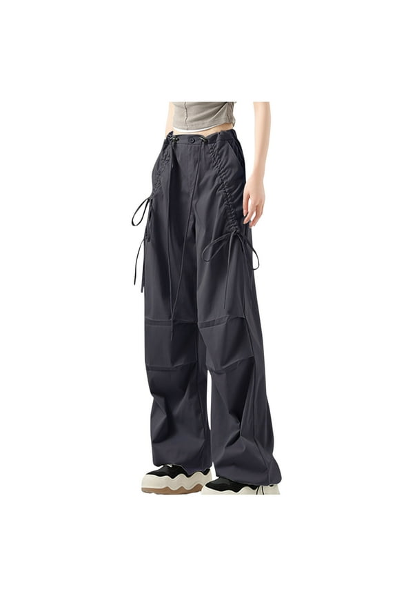 PuLe Parachute Pants for Women, Y2k Cargo Pants Women Baggy Drawstring High Rise Straight Leg Baggy Pants Jogger Sweatpants