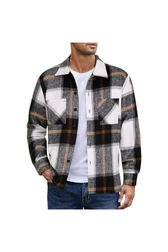 PuLe Rugby Shirt Flannel Shirt For Men Fall Trendy Plaid Shirts Casual Long Sleeve Lapel Jacket Lightweight Button Down Shacket Shirts
