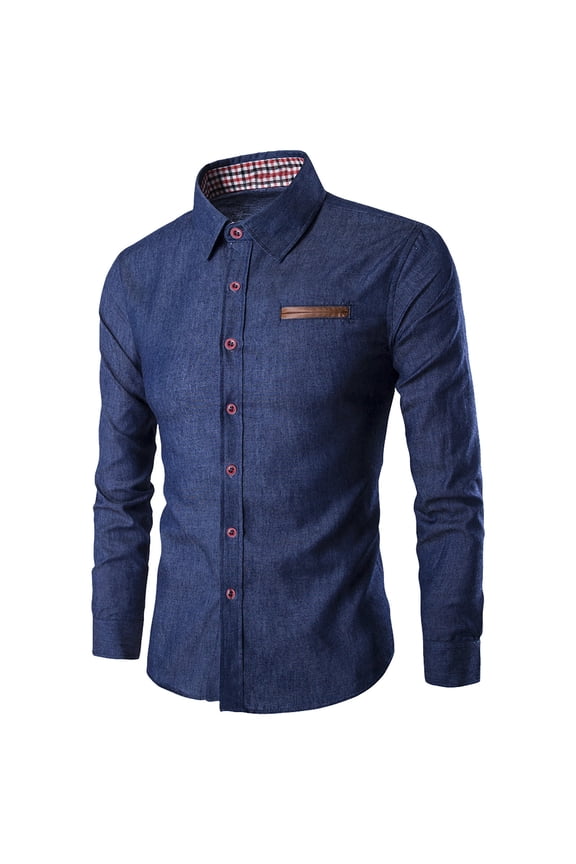 PuLe Rugby Shirt Men's Casual Dress Shirt Button Down Shirts Long-Sleeve Plaid Collar Denim Work Shirt