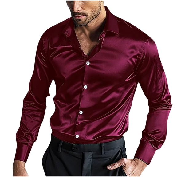 PuLe Rugby Shirt Men's Shiny Shirts Solid Color Lapel Long Sleeve Cocktail Party Rock Disco Night Club Shirts