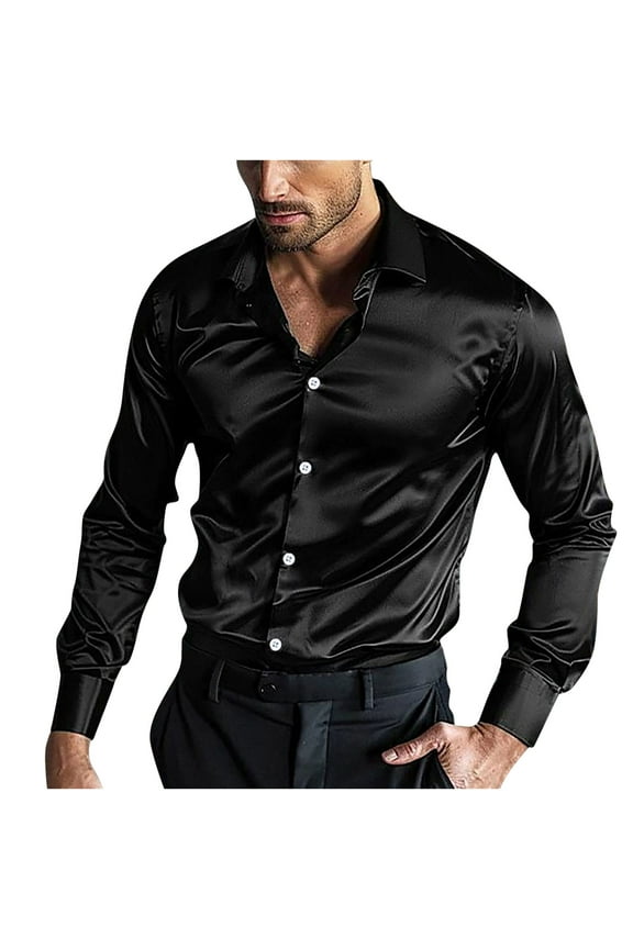 PuLe Rugby Shirt Men's Shiny Shirts Solid Color Lapel Long Sleeve Cocktail Party Rock Disco Night Club Shirts