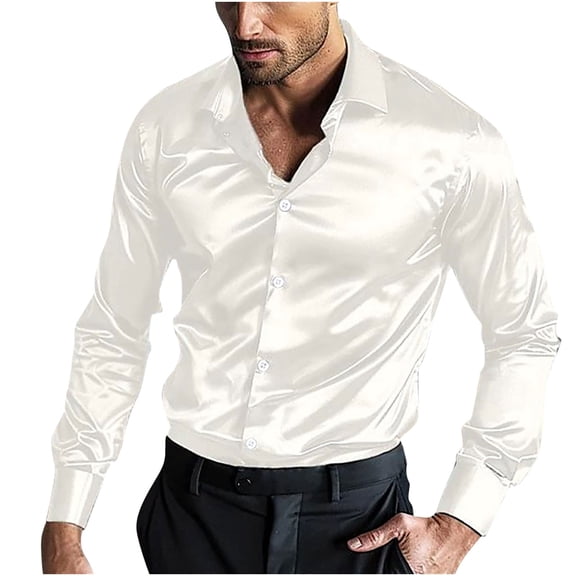 PuLe Rugby Shirt Men's Shiny Shirts Solid Color Lapel Long Sleeve Cocktail Party Rock Disco Night Club Shirts