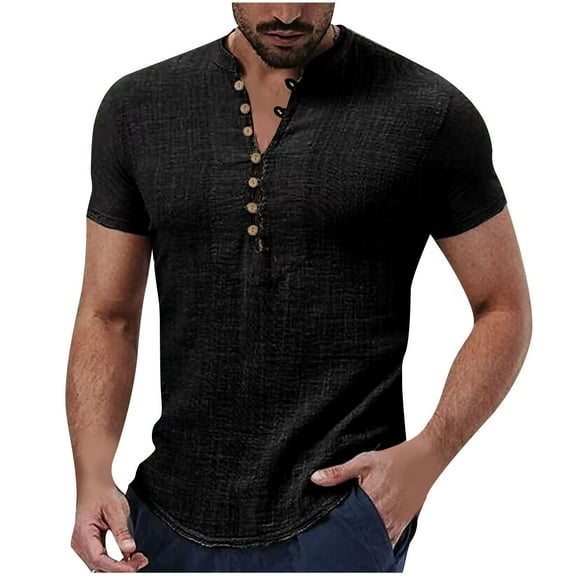 PuLe Rugby Shirt Mens Summer Henley Shirts Short Sleeve Lightweight Cotton Linen Shirts Solid Casual Loose Fit Button Up Shirts Tops ﻿