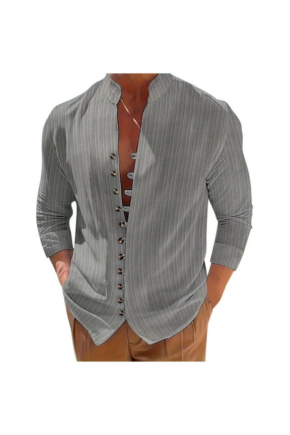 PuLe Rugby Shirt Mens long sleeve linen shirt button up loose fit vintage shirts banded collar high elastic tops henley shirt