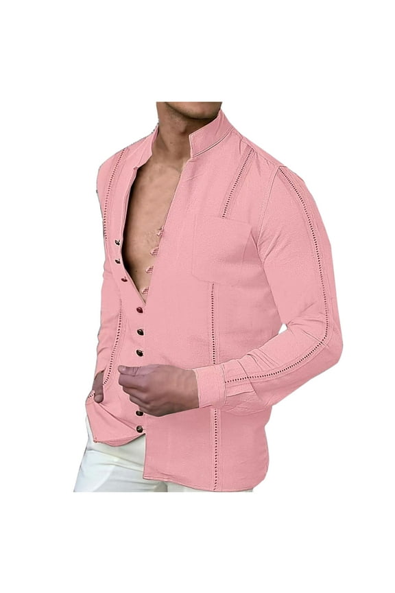 PuLe Rugby Shirt Mens long sleeve linen shirt button up loose fit vintage shirts banded collar high elastic tops henley shirt