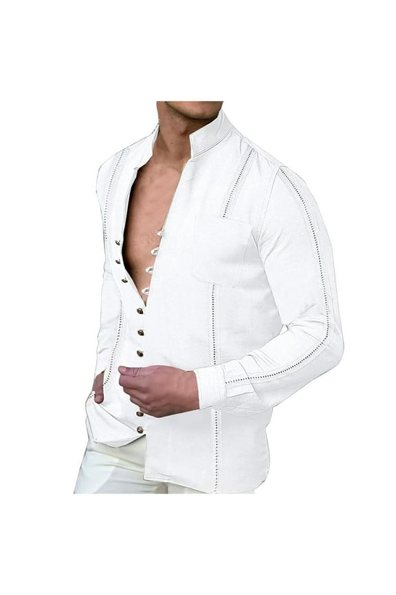 PuLe Rugby Shirt Mens long sleeve linen shirt button up loose fit vintage shirts banded collar high elastic tops henley shirt