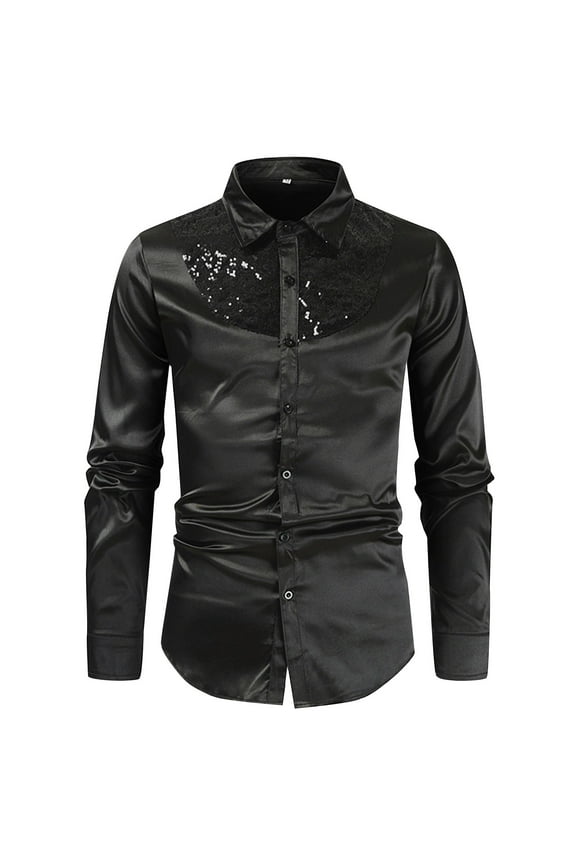 PuLe Sequin Shirt for Men's Metallic Slim Fit Button Down Party Disco Shiny Shirts