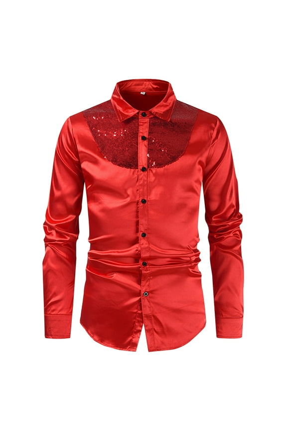 PuLe Sequin Shirt for Men's Metallic Slim Fit Button Down Party Disco Shiny Shirts
