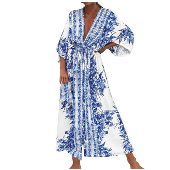 PuLe Summer Dress Dress for Women 2024 Summer Casual V-Neck 3/4 Bell Sleeves Lace Up Vintage Dress Trendy Beach Swimwear Cover Ups 
