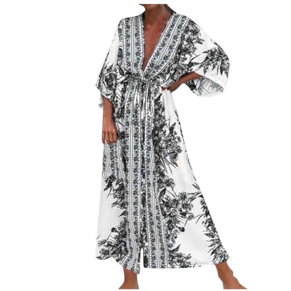 PuLe Summer Dress Dress for Women 2024 Summer Casual V-Neck 3/4 Bell Sleeves Lace Up Vintage Dress Trendy Beach Swimwear Cover Ups 