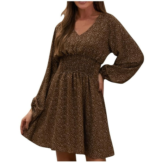 PuLe Summer Dress Spring Floral Dress for Women High Waist Tunic Tie Mini Smocked Dress Boho Long Sleeve A-Line Short Vacation Dress