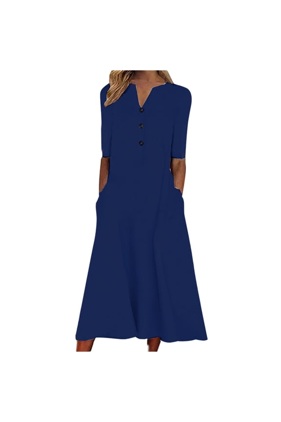 PuLe Summer Dress Summer Dresses for Women 2024 Floral Print Boho Beach V-Neck Buttons Short Sleeve Loose Midi Dress with Pockets