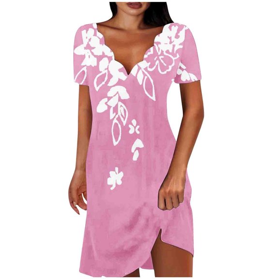 PuLe Summer Dress Sun Dresses for Women 2024 Vacation Sexy V Neck Short Sleeve T Shirt Dress Color Trendy Beach Sundress