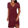 thumbnail image 1 of PuLe Summer Dress Sun Dresses for Women 2024 Vacation Sexy V Neck Short Sleeve T Shirt Dress Solid Color Trendy Beach Sundress, 1 of 1