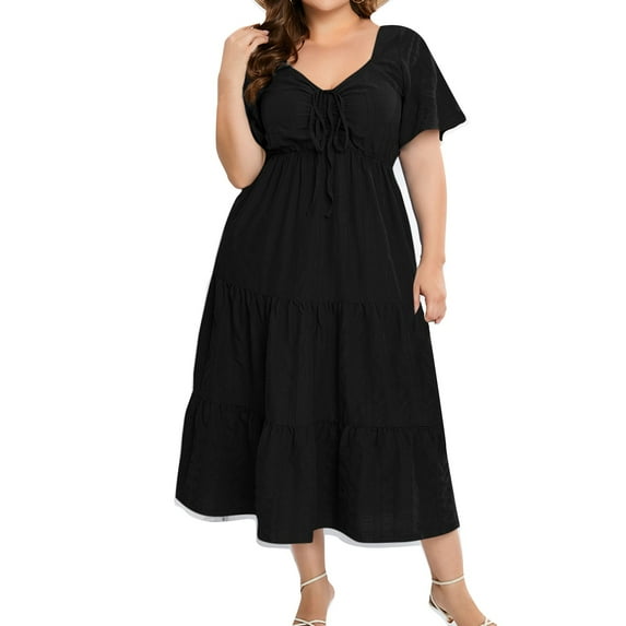 PuLe Summer Dress Women'S Solid Summer 2024 Dresses Loose Fit Short Sleeve Plus Size Dress Casual Comfy V-Neck Maxi Dresses for Ladies