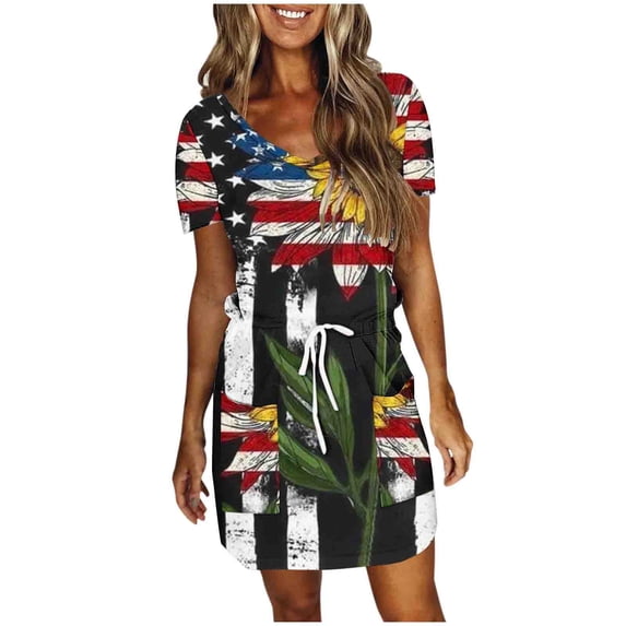 PuLe Summer Dress Women Summer Casual Striped Dress Short Sleeve V Sleeve Flowy Boho Dress with Pockets Beach Sun Dress Cover Ups