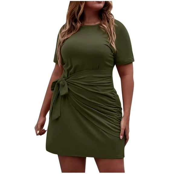 PuLe Summer Dress Women's Casual Short Sleeve Wrap Bodycon Ruched Tie Waist Summer Dres