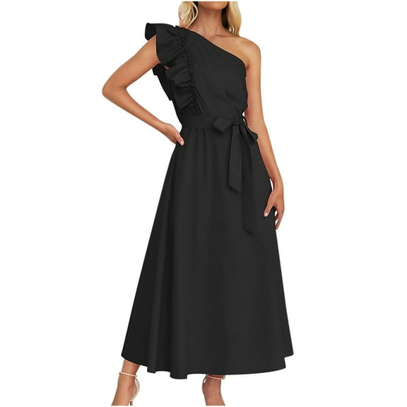 PuLe Summer Dress Women's Summer One Shoulder Ruffle Dress 2024 Sleeveless Empire Waist Boho Flowy Maxi Dresses