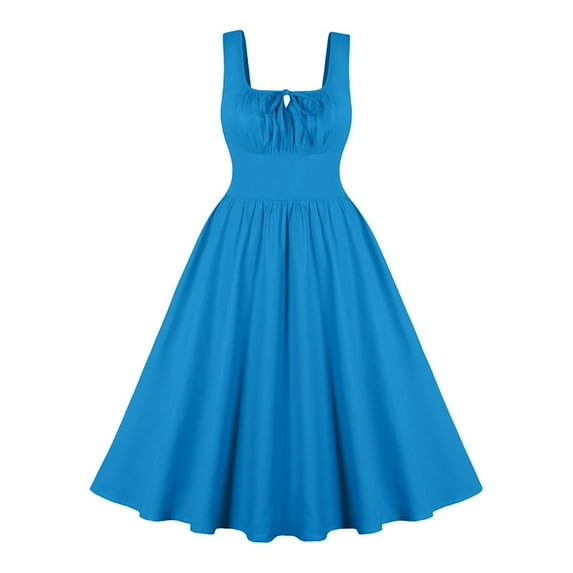 PuLe Summer Dress Women's Vintage Sleeveless Solid Floral Ruched Summer Cute A-Line Flowy Swing Midi Dress