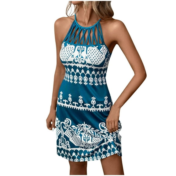 PuLe Summer DressSummer Dresses for Women Casual Floral Hollow Out Halter Neck A-line Cold Shoulder Sundresses for Beach Vacation ﻿