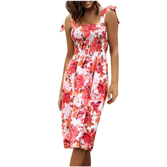PuLe Summer DressWomen's Fashion Printed Summer Suspenders Sleeveless Round-Neck Dress Plus Size Summer Midi Length Casual Dresses