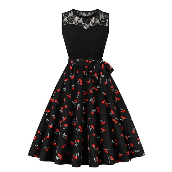 PuLe Summer DressWomen's Vintage Crew Neck Sleeveless A-Line Dress Hepburn Evening Party Cocktail Swing Black Patchwork Lace Dresses