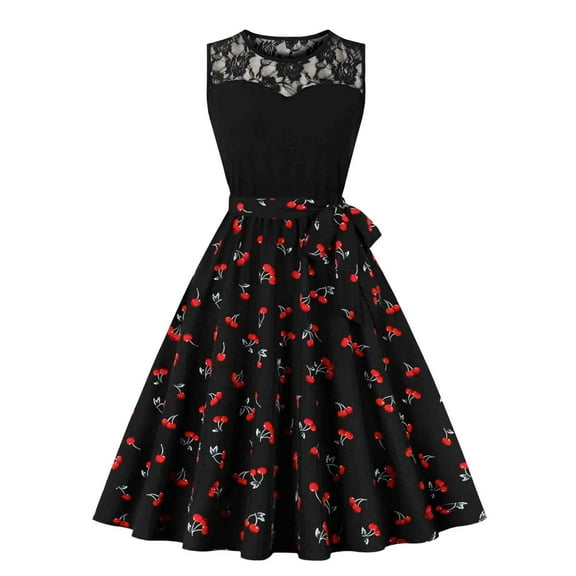 PuLe Summer DressWomen's Vintage Crew Neck Sleeveless A-Line Dress Hepburn Evening Party Cocktail Swing Black Patchwork Lace Dresses