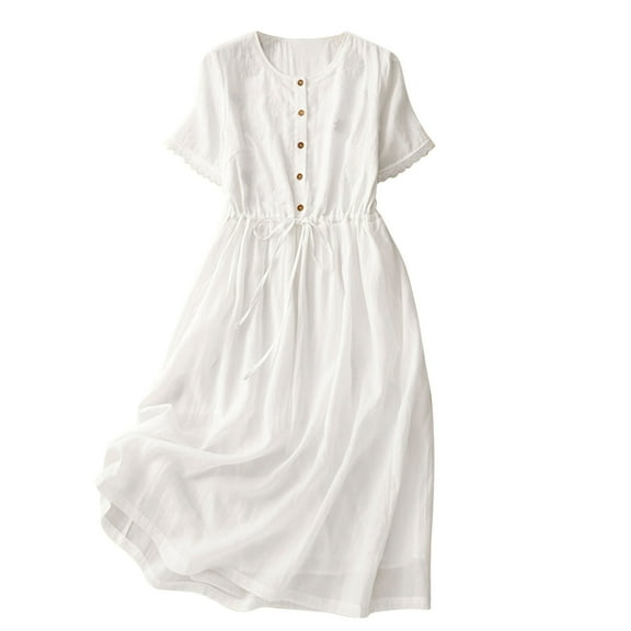 PuLe Summer Short Sleeve Dress Summer Dresses for Women Button Down Drawstring Waist Half Sleeve V Neck Lightweight Comfort Casual Lounge Resort