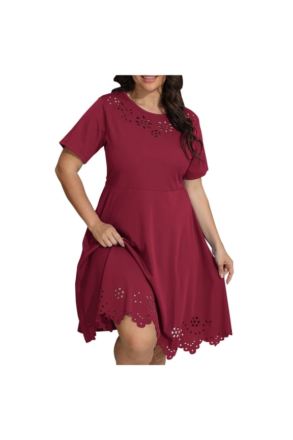 PuLe Summer Short Sleeve Dress Women's Plus Size Round Neck Scallop Trim Cut Out Short Sleeve A Line Swing Midi Dress 