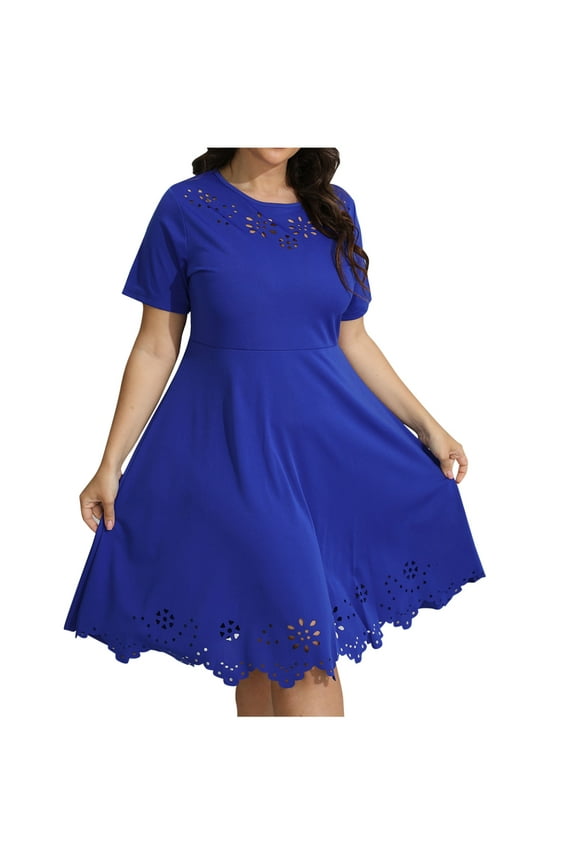 PuLe Summer Short Sleeve Dress Women's Plus Size Round Neck Scallop Trim Cut Out Short Sleeve A Line Swing Midi Dress 