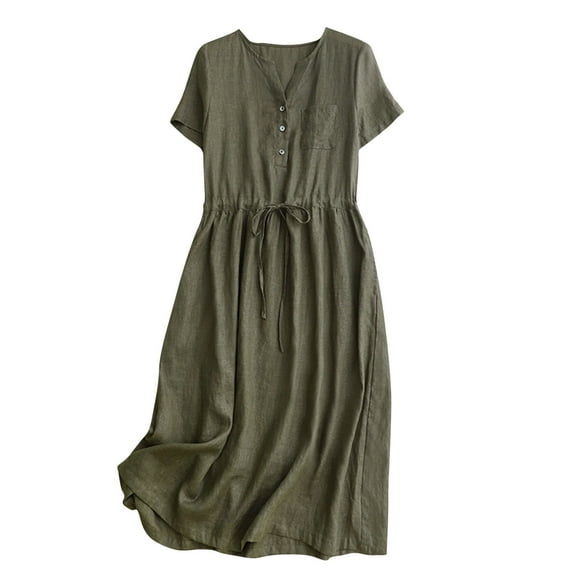 PuLe Summer Short Sleeve Dress Women's Summer Casual Buttons Dress Short Sleeve V Neck Solid Color Dress Drawstring Midi Flowy Dress