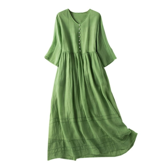 PuLe Summer Short Sleeve Dress Womens Cotton Linen Dresses 3/4 Sleeve Maxi Long Dress Plain Classic Button Dresses Trendy Boho Dresses 