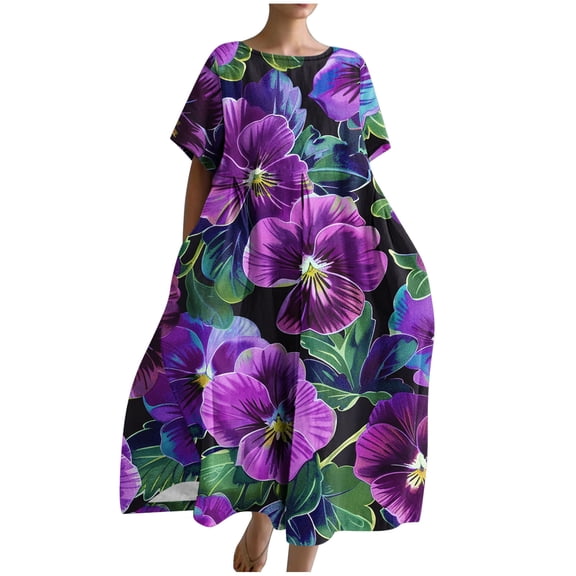 PuLe Summer Short Sleeve Dress Womens Oversized Tunic Dress Boho Floral Short Sleeve Maxi Dresses Summer Casual Loose Long Dress with Pockets