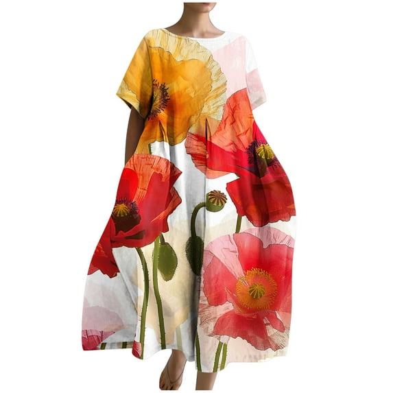 PuLe Summer Short Sleeve Dress Womens Oversized Tunic Dress Boho Floral Short Sleeve Maxi Dresses Summer Casual Loose Long Dress with Pockets